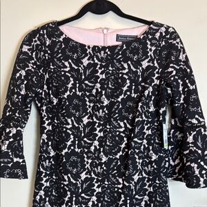Maggy London Black Lace Sheath Dress with Bell Sleeves & Pink Lining